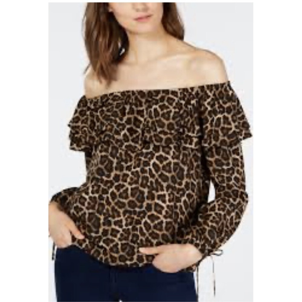Michael Kors Blouse Leopard Off Shoulder Long Sleeve Ruffle Top Brown Large